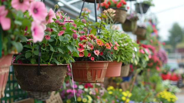 A line of suspended baskets.