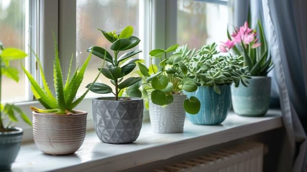 A neat row of lush potted plants sits along the windowsill, adding a touch of greenery and freshness to the room.