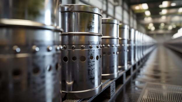 A row of metal drums, neatly aligned and shimmering under the sun's glare.
