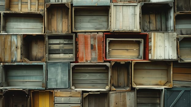 A sequence of meticulously stacked wooden crates forms an orderly and structured arrangement.