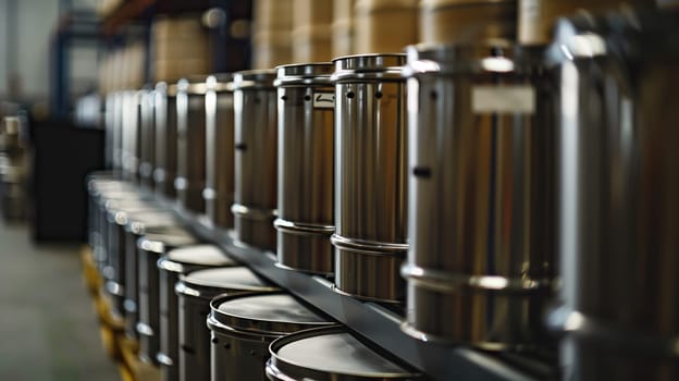A row of metal drums, neatly aligned and awaiting use, stood under the bright sun.