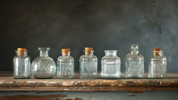 A lineup of glass jars on the shelf, each meticulously arranged, gleaming under the soft light.