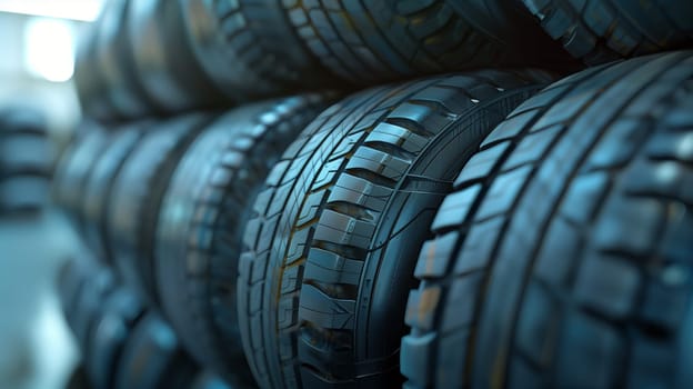 A collection of freshly stacked, pristine tires.