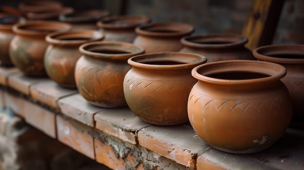 A line of carefully crafted clay pots, each displaying unique designs.