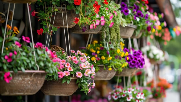 A lineup of suspended planters adorned with vibrant flora, creating an eye-catching display.