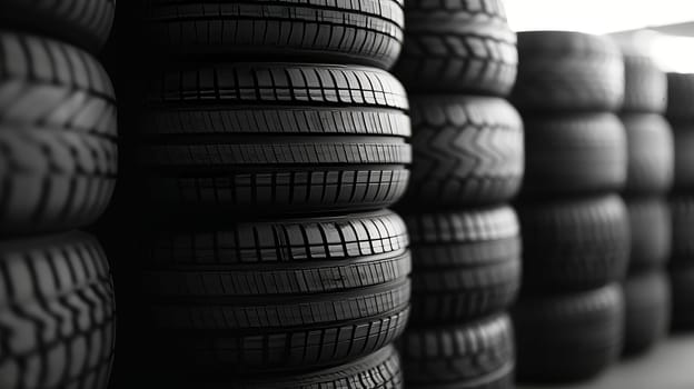 A collection of freshly stacked tires, showcasing their pristine black hue.