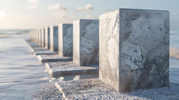 A continuous row of concrete blocks has been meticulously aligned.