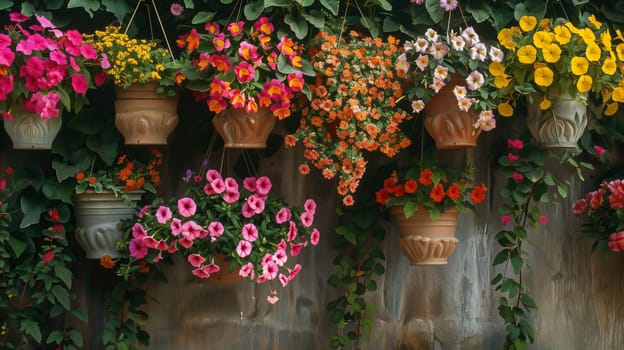 Refine and expand: "A line of hanging baskets."" Corrected & expanded: ""A beautifully arranged row of vibrant hanging baskets."""