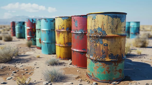 A collection of oil barrels arranged in sequence.
