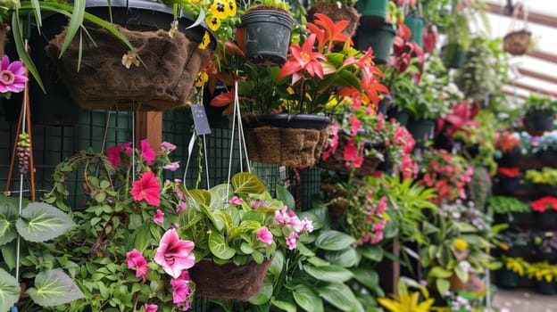 A line of suspended planters blooms with vibrant colors.