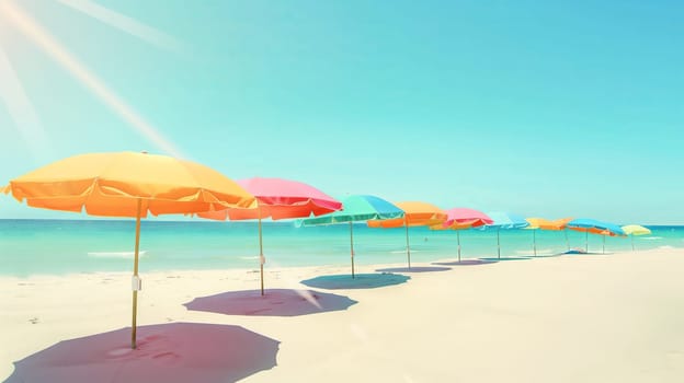A vibrant row of colorful beach umbrellas stands under the bright sunlight on a smooth, sandy beach, enhancing the day's beauty.