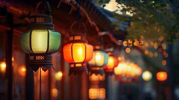 A row of lanterns hangs gracefully, illuminating the night with a cozy, soft glow.