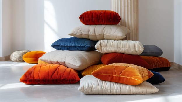 A collection of cushions arranged in a tiered formation.