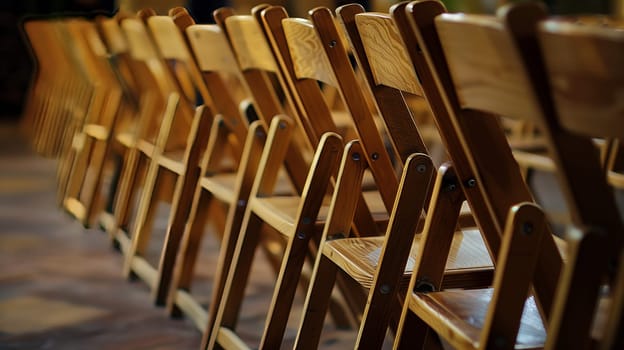 A line of stacked chairs organized neatly for easy access and storage. Efficient and space-saving.