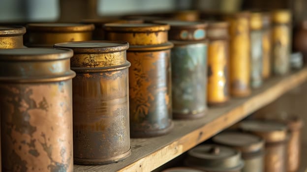 A row of metal canisters, each meticulously aligned.
