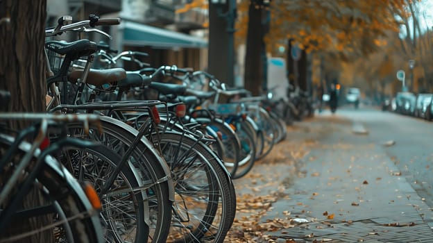 A lineup of parked bikes, neatly arranged and awaiting their riders.