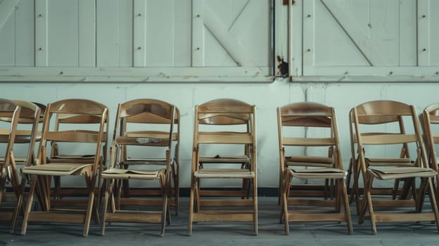 A line of neatly arranged, folded chairs.