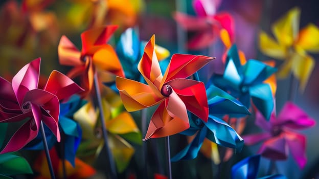 A vibrant array of colorful pinwheels, each spinning with the breeze, showcasing a mesmerizing display of hues and patterns.