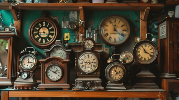 A diverse array of classic vintage clocks, each showcasing timeless design and craftsmanship.