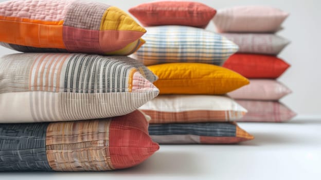 A collection of cushions artfully arranged in a stacked formation.