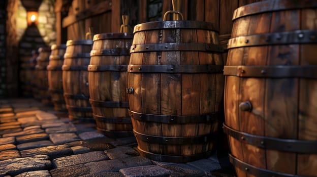 A line of wooden barrels, intricately crafted, stands in order.