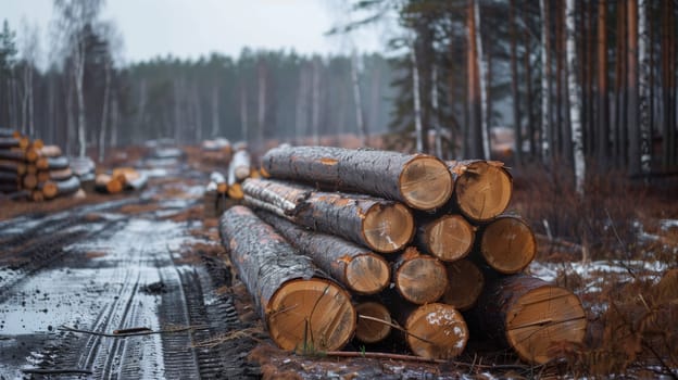 A neatly arranged row of stacked logs.