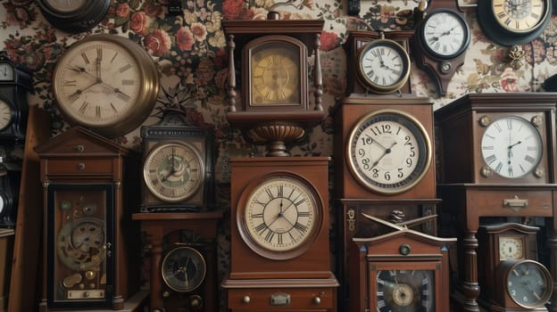 An exquisite collection of timeless vintage clocks, each piece showcasing historical craftsmanship.
