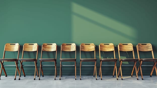 A line of neatly folded chairs.