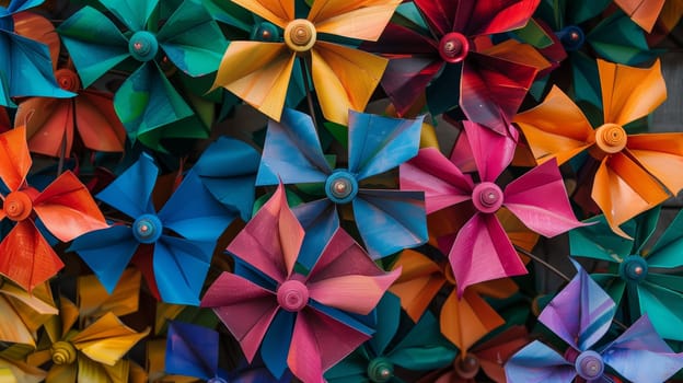 A vibrant assembly of colorful pinwheels spinning in the breeze, adding charm and whimsy to any space.