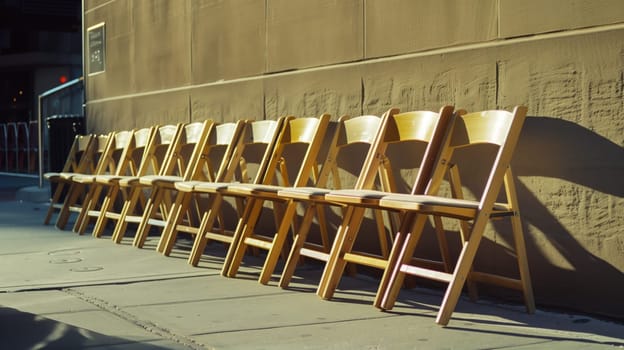 A line of neatly folded chairs.