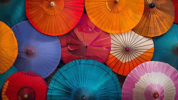 A vibrant array of umbrellas dances in the breeze, casting kaleidoscopic shadows beneath.