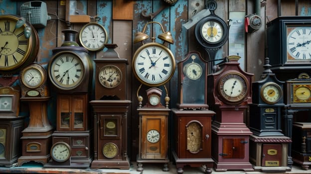 A curated assortment of vintage clocks, each piece a timeless treasure with its unique history.