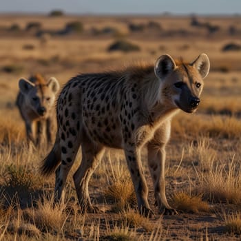 Spotted hyenas in the African savannah