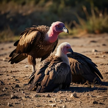 A group of vultures sits on the ground and looks for prey