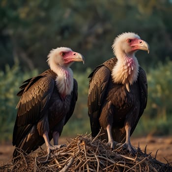 A group of vultures sits on the ground and looks for prey