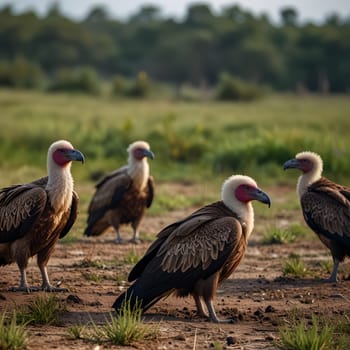 A group of vultures sits on the ground and looks for prey