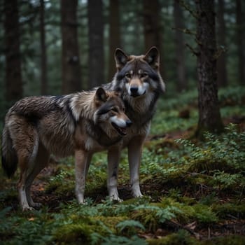 Wolves stand in the dense forest and look out