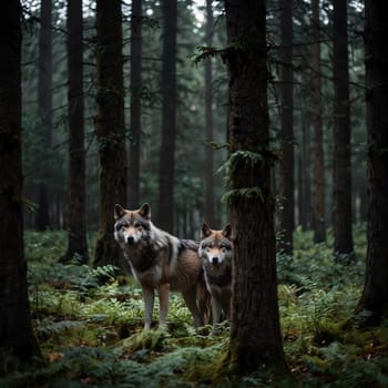 Wolves stand in the dense forest and look out