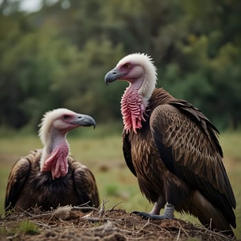 A group of vultures sits on the ground and looks for prey