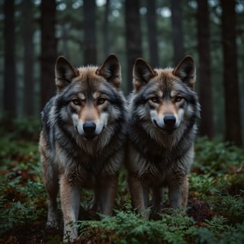 Wolves stand in the dense forest and look out
