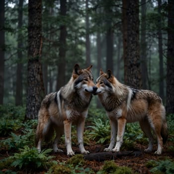 Wolves stand in the dense forest and look out