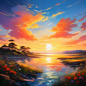 Beautiful sunset landscape with big river, flowers and clouds. High quality photo