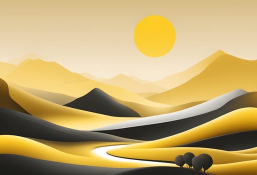 A surreal depiction of a sunset over abstract golden mountains, with a flowing river winding through the landscape. The warm, golden hues of the sky and mountains create a dreamlike atmosphere, enhanced by the minimalist design and smooth shapes.