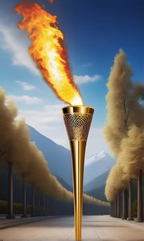 A golden torch with a flaming top standing in a majestic avenue lined with trees, with a mountain view in the background, capturing the essence of tradition, elegance, and natural splendor.