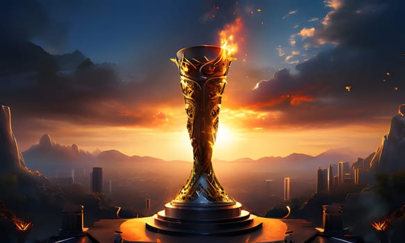 A majestic trophy with a flaming top set against a cityscape at sunset, symbolizing achievement, triumph, and the grandeur of success in an urban landscape.