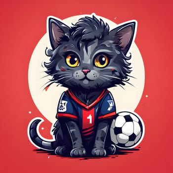 Cute black cat with a football kit and a ball. High quality photo