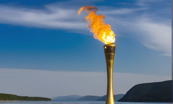 A torch with a flaming top standing tall against a scenic lake and mountain background, symbolizing the spirit of adventure, triumph, and natural beauty in an outdoor setting.