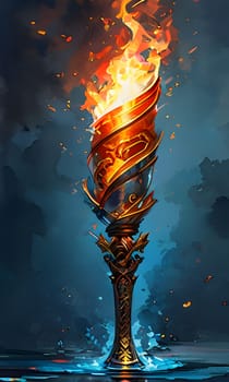 An ornate torch with a flaming top set against an artistic blue background, showcasing intricate craftsmanship, intense fire, and cultural significance.