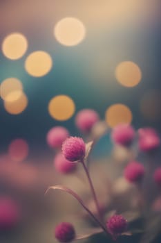 A close-up shot of a delicate pink globe amaranth flower, with its soft, fuzzy texture, blooming in the evening light. The background is out of focus, creating a blurred effect with soft yellow and orange lights that add to the dreamy atmosphere of the image.