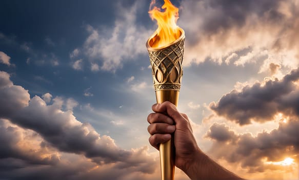 A hand gripping a burning Olympic torch, held high against a backdrop of dramatic clouds during sunset, symbolizing triumph and unity.